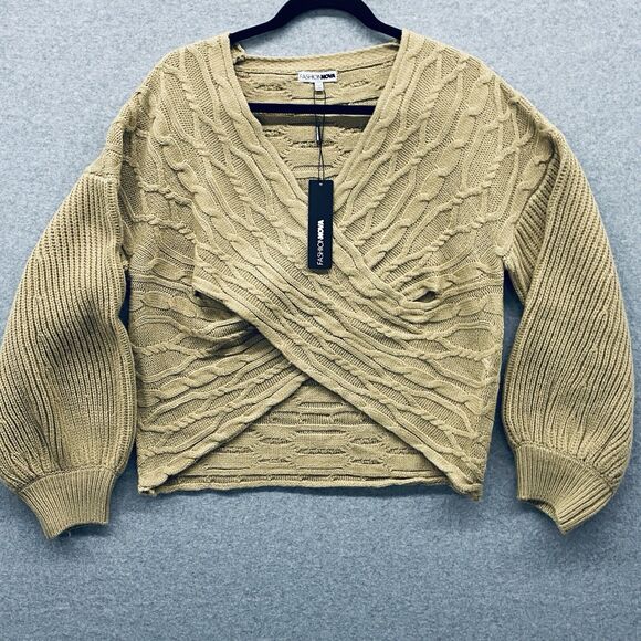 FASHION NOVA Sweater Womens Size 1X Keep It Chic Off the Shoulder Tan Top Crop - Picture 4 of 7